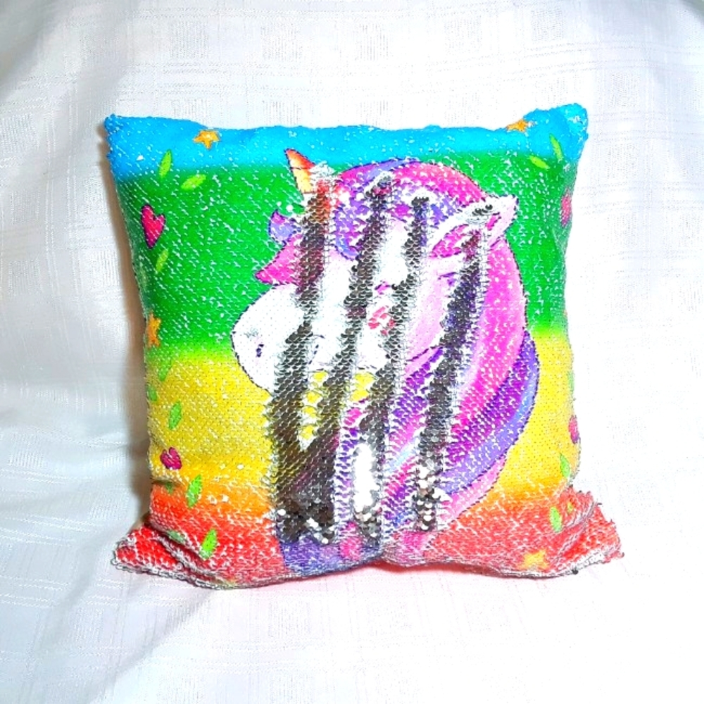 Unicorn Pillow Case Colorful Silver Rainbow Sequins w/ Zipper Kids Home Bedding - Picture 4 of 14